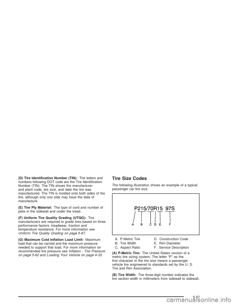 CHEVROLET CORVETTE 2004 5.G Owners Manual (D) Tire Identi�cation Number (TIN):The letters and
numbers following DOT code are the Tire Identiﬁcation
Number (TIN). The TIN shows the manufacturer
and plant code, tire size, and date the tire wa