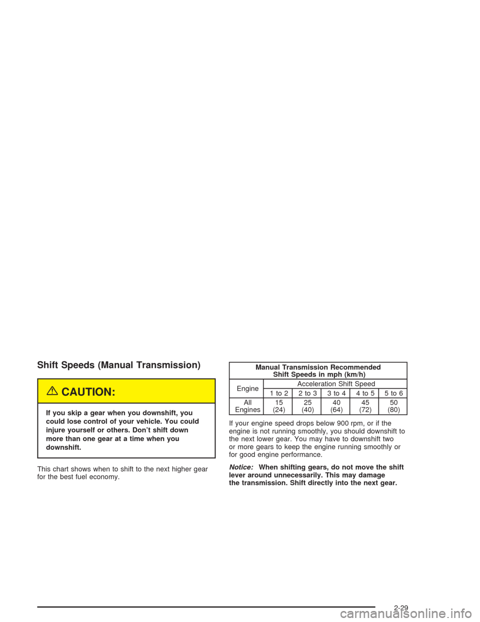 CHEVROLET CORVETTE 2004 5.G Manual Online Shift Speeds (Manual Transmission)
{CAUTION:
If you skip a gear when you downshift, you
could lose control of your vehicle. You could
injure yourself or others. Don’t shift down
more than one gear a