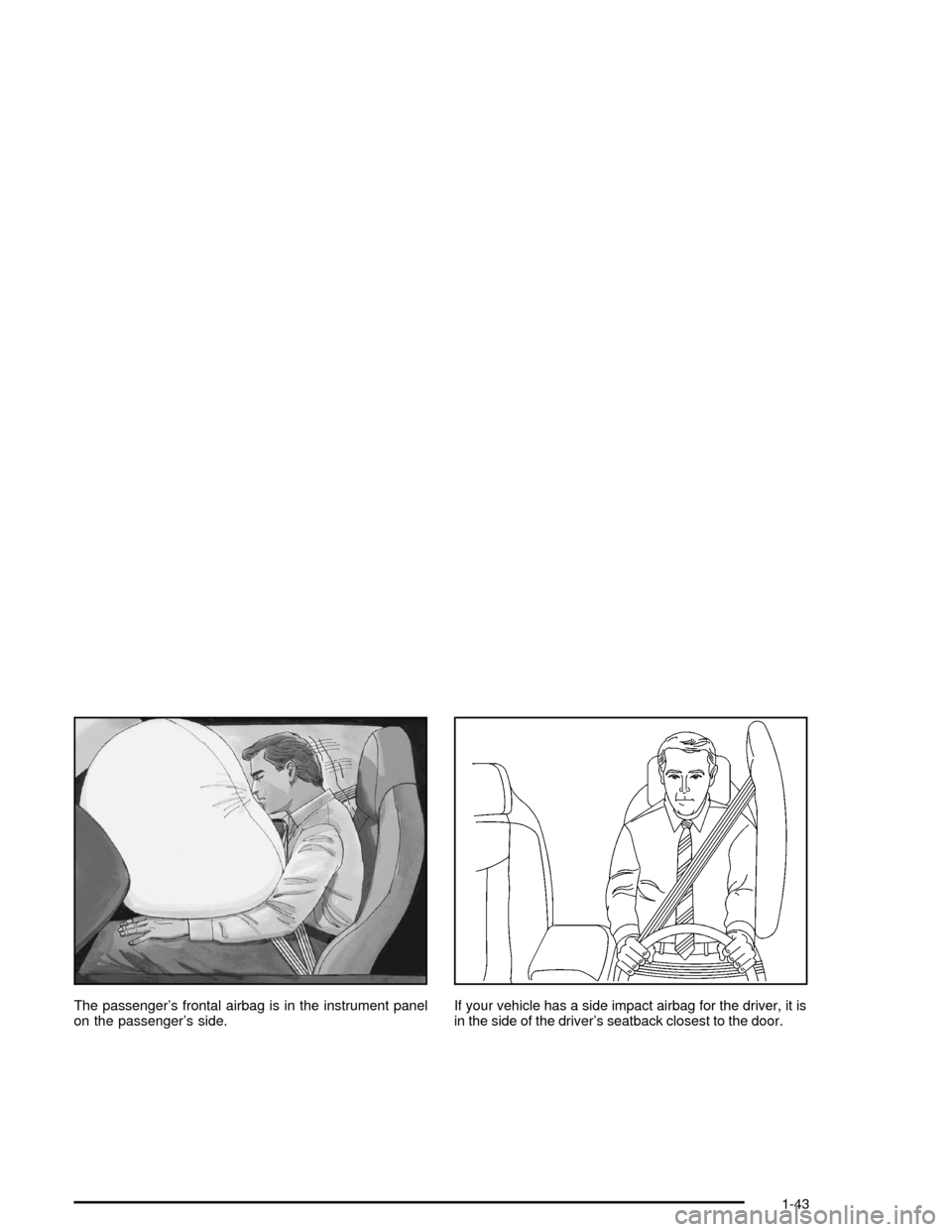 CHEVROLET CORVETTE 2005 6.G Service Manual The passenger’s frontal airbag is in the instrument panel
on the passenger’s side.If your vehicle has a side impact airbag for the driver, it is
in the side of the driver’s seatback closest to t