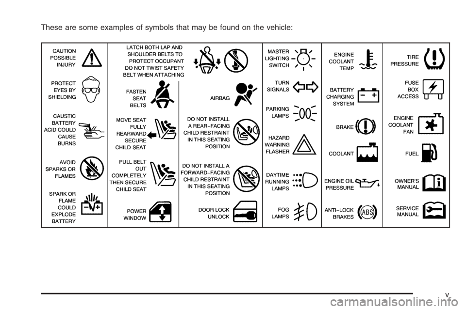 CHEVROLET CORVETTE 2006 6.G Owners Manual These are some examples of symbols that may be found on the vehicle:
v 