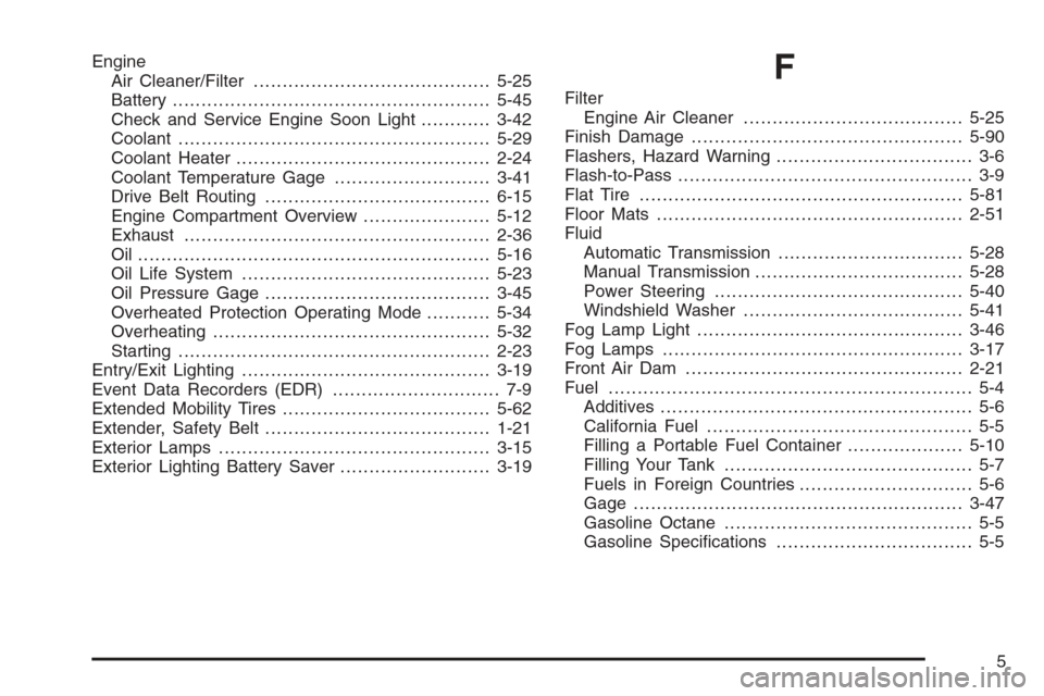 CHEVROLET CORVETTE 2006 6.G Owners Manual Engine
Air Cleaner/Filter.........................................5-25
Battery.......................................................5-45
Check and Service Engine Soon Light............3-42
Coolant...