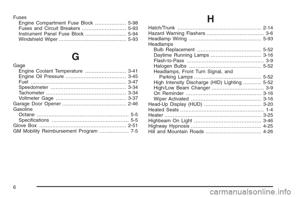 CHEVROLET CORVETTE 2006 6.G User Guide Fuses
Engine Compartment Fuse Block...................5-98
Fuses and Circuit Breakers...........................5-93
Instrument Panel Fuse Block.........................5-94
Windshield Wiper..........