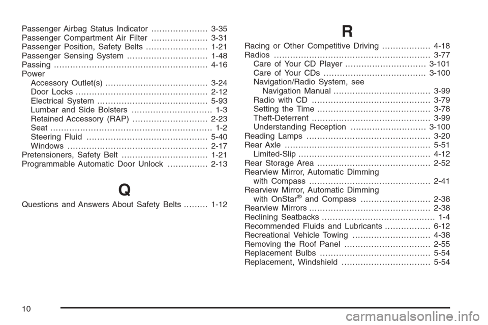 CHEVROLET CORVETTE 2006 6.G Owners Manual Passenger Airbag Status Indicator.....................3-35
Passenger Compartment Air Filter.....................3-31
Passenger Position, Safety Belts.......................1-21
Passenger Sensing Syste