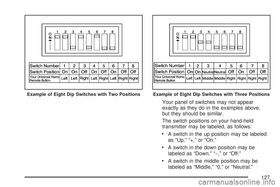 CHEVROLET CORVETTE 2007 6.G Owners Manual Your panel of switches may not appear
exactly as they do in the examples above,
but they should be similar.
The switch positions on your hand-held
transmitter may be labeled, as follows:
A switch in t