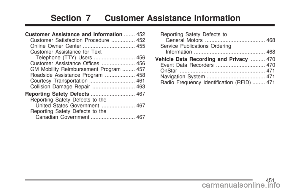 CHEVROLET CORVETTE 2007 6.G Owners Manual Customer Assistance and Information....... 452
Customer Satisfaction Procedure............... 452
Online Owner Center................................. 455
Customer Assistance for Text
Telephone (TTY) 