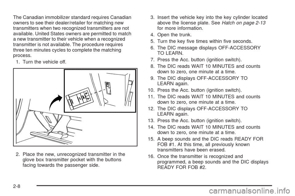 CHEVROLET CORVETTE 2008 6.G Owners Manual The Canadian immobilizer standard requires Canadian
owners to see their dealer/retailer for matching new
transmitters when two recognized transmitters are not
available. United States owners are permi