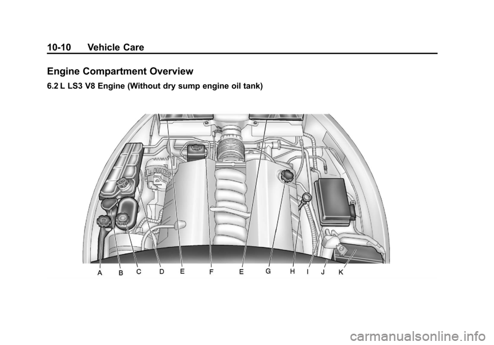 CHEVROLET CORVETTE 2012 6.G Owners Manual Black plate (10,1)Chevrolet Corvette Owner Manual - 2012
10-10 Vehicle Care
Engine Compartment Overview
6.2 L LS3 V8 Engine (Without dry sump engine oil tank) CHEVROLET CORVETTE 2012 6.G Owners Manual Black plate (10,1)Chevrolet Corvette Owner Manual - 2012
10-10 Vehicle Care
Engine Compartment Overview
6.2 L LS3 V8 Engine (Without dry sump engine oil tank)