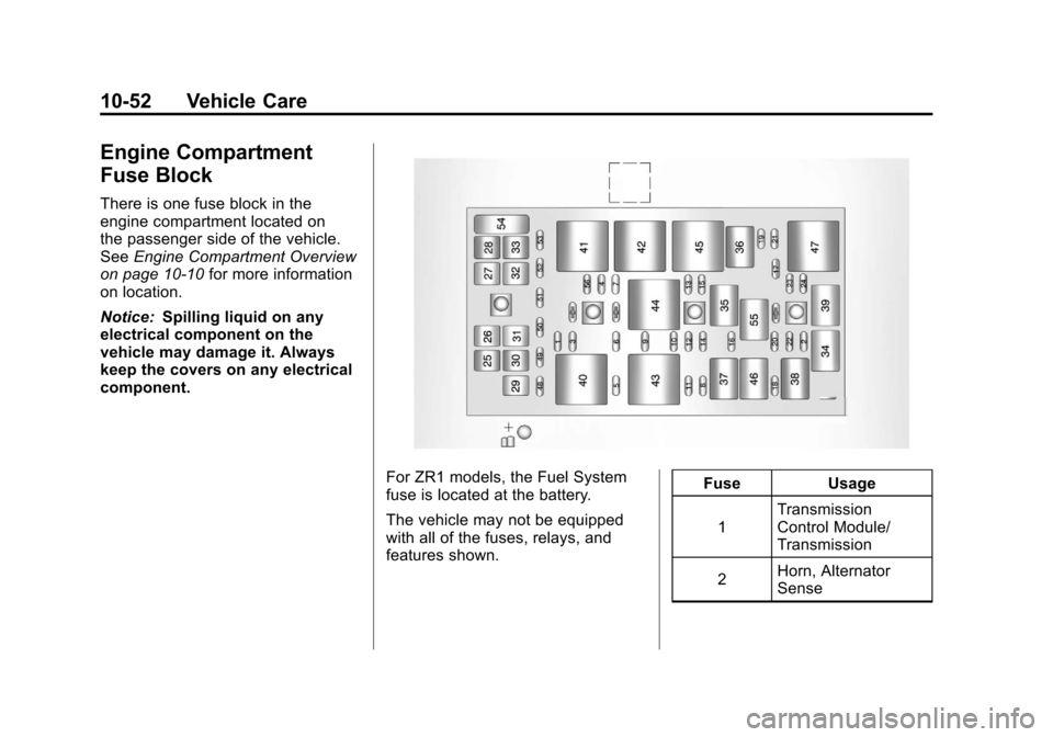 CHEVROLET CORVETTE 2012 6.G Owners Manual Black plate (52,1)Chevrolet Corvette Owner Manual - 2012
10-52 Vehicle Care
Engine Compartment
Fuse Block
There is one fuse block in the
engine compartment located on
the passenger side of the vehicle