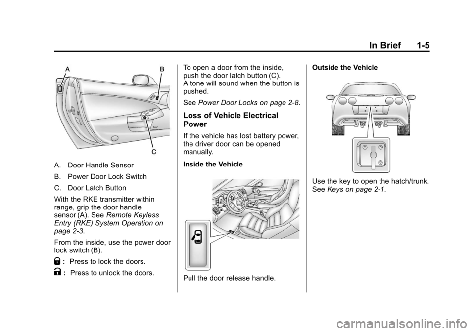 CHEVROLET CORVETTE 2013 6.G User Guide Black plate (5,1)Chevrolet Corvette Owner Manual - 2013 - crc2 - 11/8/12
In Brief 1-5
A. Door Handle Sensor
B. Power Door Lock Switch
C. Door Latch Button
With the RKE transmitter within
range, grip t