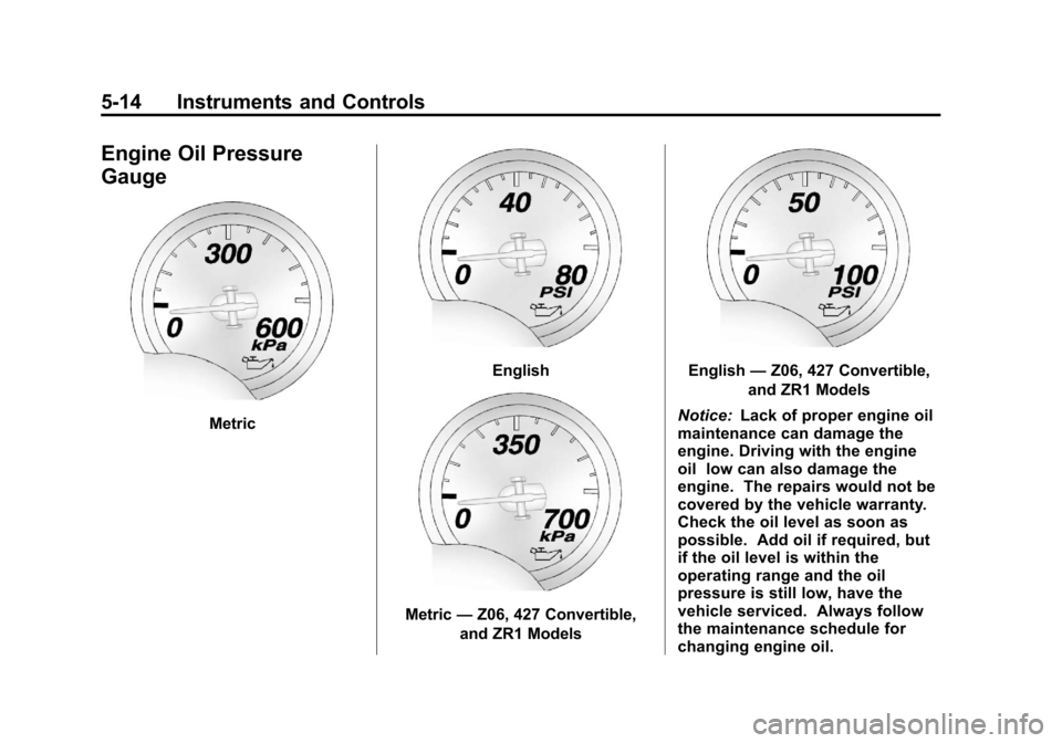 CHEVROLET CORVETTE 2013 6.G Owners Manual Black plate (14,1)Chevrolet Corvette Owner Manual - 2013 - crc2 - 11/8/12
5-14 Instruments and Controls
Engine Oil Pressure
Gauge
Metric
English
Metric—Z06, 427 Convertible,
and ZR1 Models
English �