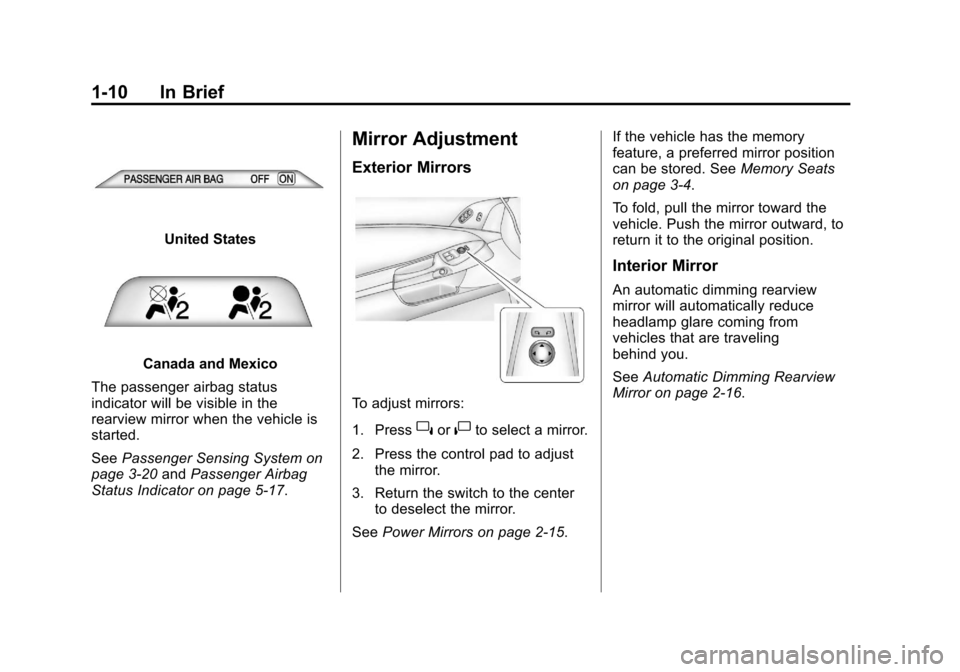 CHEVROLET CORVETTE 2013 6.G User Guide Black plate (10,1)Chevrolet Corvette Owner Manual - 2013 - crc2 - 11/8/12
1-10 In Brief
United States
Canada and Mexico
The passenger airbag status
indicator will be visible in the
rearview mirror whe