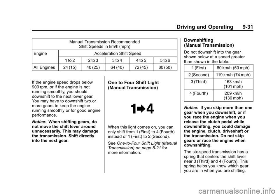 CHEVROLET CORVETTE 2013 6.G Owners Manual Black plate (31,1)Chevrolet Corvette Owner Manual - 2013 - crc2 - 11/8/12
Driving and Operating 9-31
Manual Transmission RecommendedShift Speeds in km/h (mph)
Engine Acceleration Shift Speed
1 to 2 2 CHEVROLET CORVETTE 2013 6.G Owners Manual Black plate (31,1)Chevrolet Corvette Owner Manual - 2013 - crc2 - 11/8/12
Driving and Operating 9-31
Manual Transmission RecommendedShift Speeds in km/h (mph)
Engine Acceleration Shift Speed
1 to 2 2