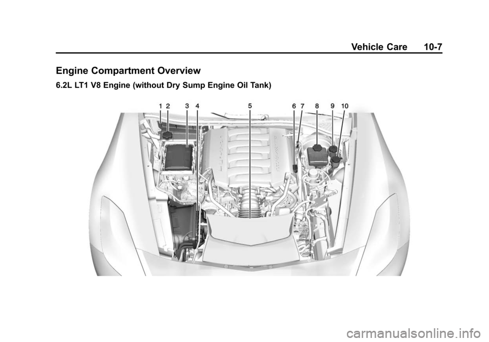 CHEVROLET CORVETTE 2014 7.G Owners Manual Black plate (7,1)Chevrolet Corvette Owner Manual (GMNA-Localizing-U.S./Canada/Mexico-
6007198) - 2014 - CRC - 2/5/14
Vehicle Care 10-7
Engine Compartment Overview
6.2L LT1 V8 Engine (without Dry Sump CHEVROLET CORVETTE 2014 7.G Owners Manual Black plate (7,1)Chevrolet Corvette Owner Manual (GMNA-Localizing-U.S./Canada/Mexico-
6007198) - 2014 - CRC - 2/5/14
Vehicle Care 10-7
Engine Compartment Overview
6.2L LT1 V8 Engine (without Dry Sump