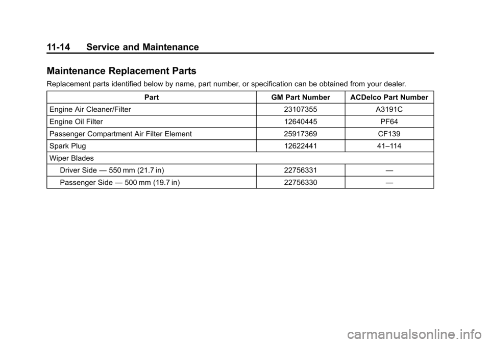 CHEVROLET CORVETTE 2014 7.G Owners Manual Black plate (14,1)Chevrolet Corvette Owner Manual (GMNA-Localizing-U.S./Canada/Mexico-
6007198) - 2014 - CRC - 2/5/14
11-14 Service and Maintenance
Maintenance Replacement Parts
Replacement parts iden CHEVROLET CORVETTE 2014 7.G Owners Manual Black plate (14,1)Chevrolet Corvette Owner Manual (GMNA-Localizing-U.S./Canada/Mexico-
6007198) - 2014 - CRC - 2/5/14
11-14 Service and Maintenance
Maintenance Replacement Parts
Replacement parts iden