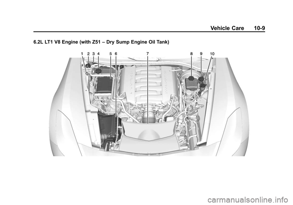 CHEVROLET CORVETTE 2015 7.G Owners Manual Black plate (9,1)Chevrolet Corvette Owner Manual (GMNA-Localizing-U.S./Canada/Mexico-
7576293) - 2015 - crc - 10/31/14
Vehicle Care 10-9
6.2L LT1 V8 Engine (with Z51–Dry Sump Engine Oil Tank) 