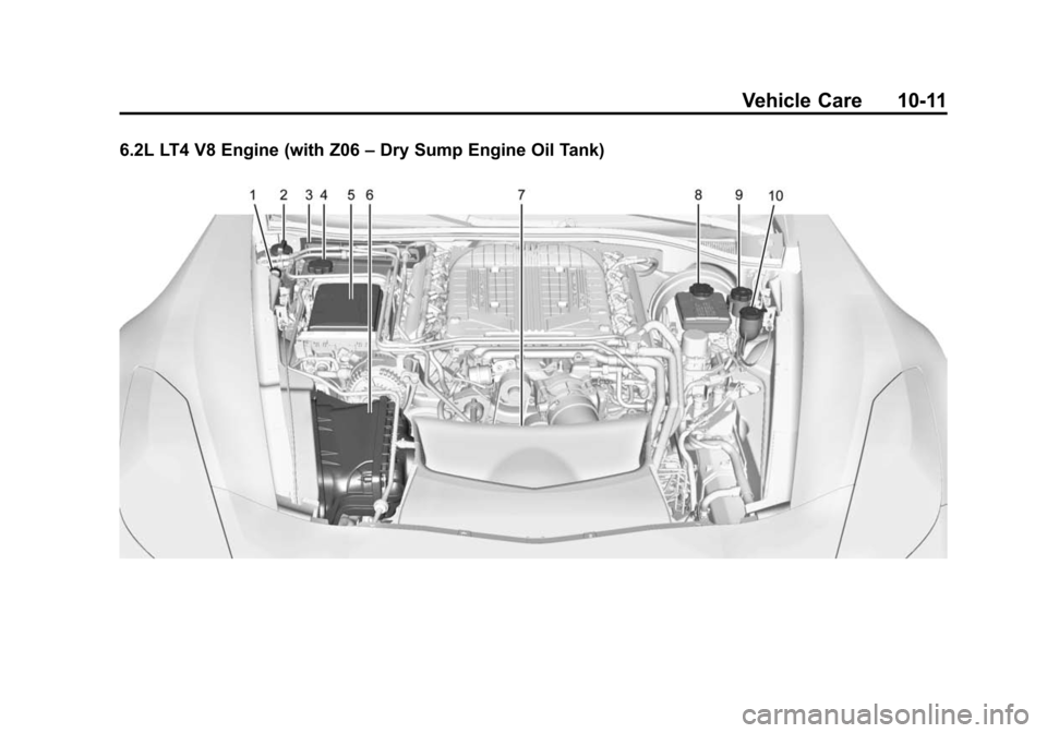 CHEVROLET CORVETTE 2015 7.G Owners Manual Black plate (11,1)Chevrolet Corvette Owner Manual (GMNA-Localizing-U.S./Canada/Mexico-
7576293) - 2015 - crc - 10/31/14
Vehicle Care 10-11
6.2L LT4 V8 Engine (with Z06–Dry Sump Engine Oil Tank) 