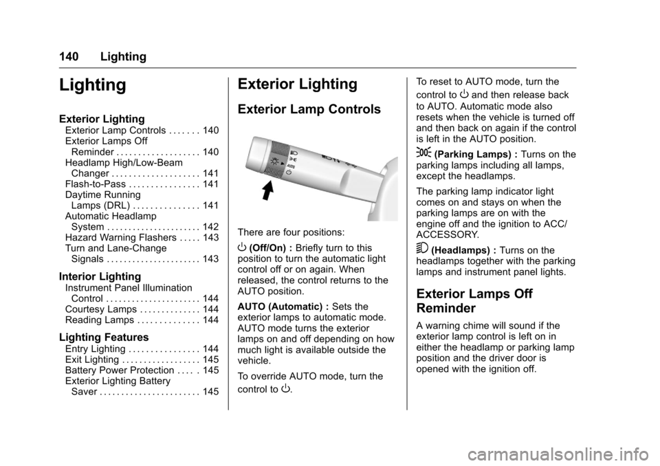 CHEVROLET CORVETTE 2016 7.G Owners Manual Chevrolet Corvette Owner Manual (GMNA-Localizing-U.S./Canada/Mexico-
9085364) - 2016 - crc - 9/15/15
140 Lighting
Lighting
Exterior Lighting
Exterior Lamp Controls . . . . . . . 140
Exterior Lamps Off
