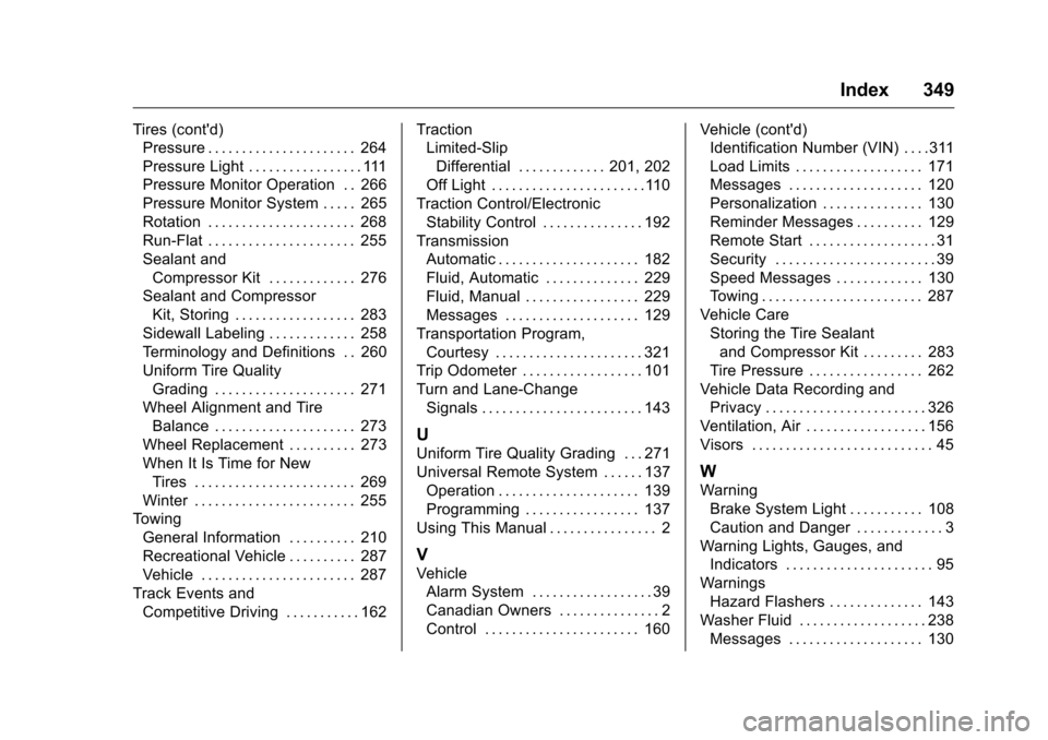 CHEVROLET CORVETTE 2016 7.G Owners Manual Chevrolet Corvette Owner Manual (GMNA-Localizing-U.S./Canada/Mexico-
9085364) - 2016 - crc - 9/15/15
Index 349
Tires (contd)Pressure . . . . . . . . . . . . . . . . . . . . . . 264
Pressure Light . .