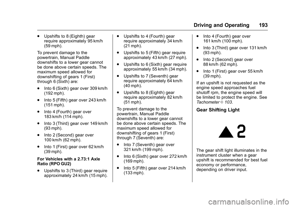 CHEVROLET CORVETTE 2017 7.G Owners Manual Chevrolet Corvette Owner Manual (GMNA-Localizing-U.S./Canada/Mexico-
9956103) - 2017 - crc - 4/28/16
Driving and Operating 193
.Upshifts to 8 (Eighth) gear
require approximately 95 km/h
(59 mph).
To p CHEVROLET CORVETTE 2017 7.G Owners Manual Chevrolet Corvette Owner Manual (GMNA-Localizing-U.S./Canada/Mexico-
9956103) - 2017 - crc - 4/28/16
Driving and Operating 193
.Upshifts to 8 (Eighth) gear
require approximately 95 km/h
(59 mph).
To p