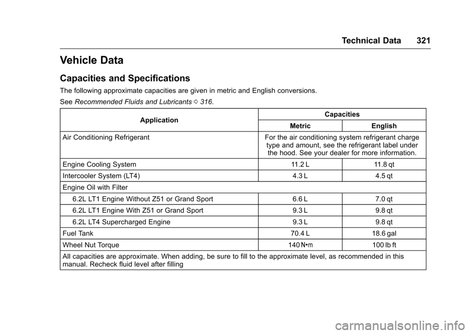 CHEVROLET CORVETTE 2017 7.G Owners Manual Chevrolet Corvette Owner Manual (GMNA-Localizing-U.S./Canada/Mexico-
9956103) - 2017 - crc - 4/29/16
Technical Data 321
Vehicle Data
Capacities and Specifications
The following approximate capacities 