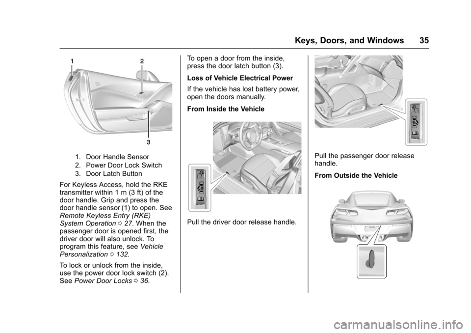 CHEVROLET CORVETTE 2017 7.G Owners Guide Chevrolet Corvette Owner Manual (GMNA-Localizing-U.S./Canada/Mexico-
9956103) - 2017 - crc - 4/28/16
Keys, Doors, and Windows 35
1. Door Handle Sensor
2. Power Door Lock Switch
3. Door Latch Button
Fo