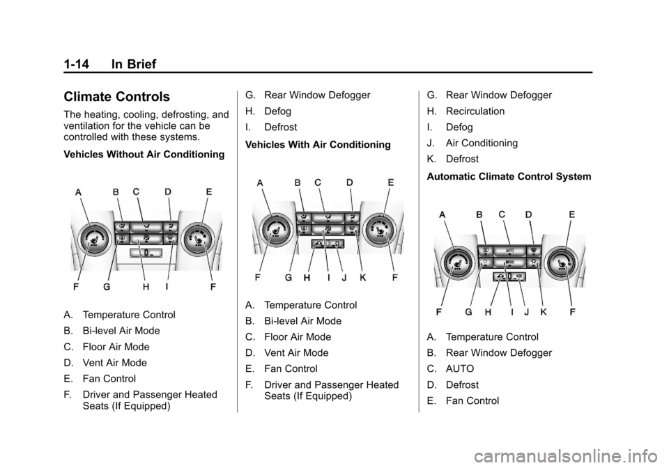 CHEVROLET CRUZE 2011 1.G User Guide Black plate (14,1)Chevrolet Cruze Owner Manual - 2011
1-14 In Brief
Climate Controls
The heating, cooling, defrosting, and
ventilation for the vehicle can be
controlled with these systems.
Vehicles Wi