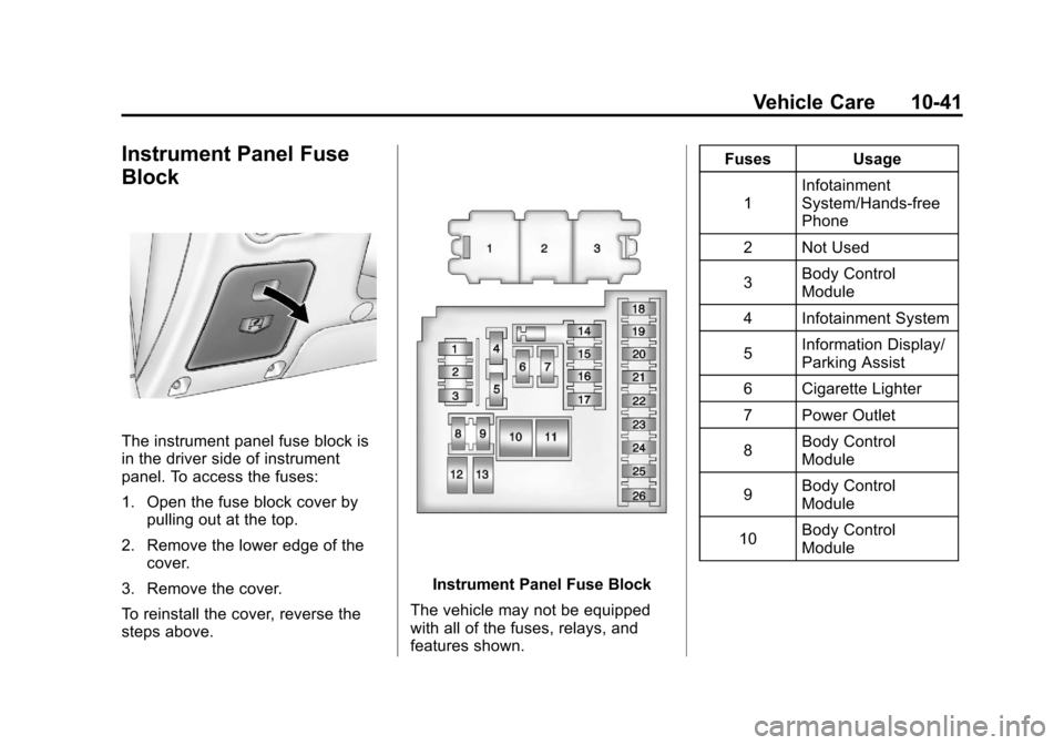 CHEVROLET CRUZE 2011 1.G Owners Manual Black plate (41,1)Chevrolet Cruze Owner Manual - 2011
Vehicle Care 10-41
Instrument Panel Fuse
Block
The instrument panel fuse block is
in the driver side of instrument
panel. To access the fuses:
1. 