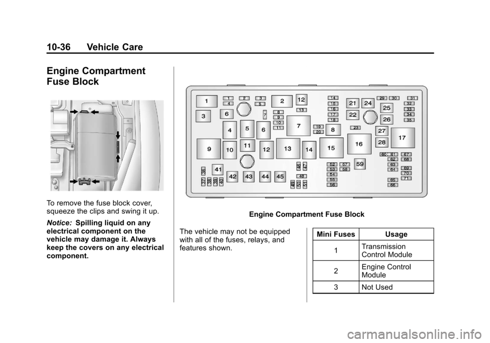 CHEVROLET CRUZE 2012 1.G Owners Manual Black plate (36,1)Chevrolet Cruze Owner Manual - 2012
10-36 Vehicle Care
Engine Compartment
Fuse Block
To remove the fuse block cover,
squeeze the clips and swing it up.
Notice:Spilling liquid on any
CHEVROLET CRUZE 2012 1.G Owners Manual Black plate (36,1)Chevrolet Cruze Owner Manual - 2012
10-36 Vehicle Care
Engine Compartment
Fuse Block
To remove the fuse block cover,
squeeze the clips and swing it up.
Notice:Spilling liquid on any