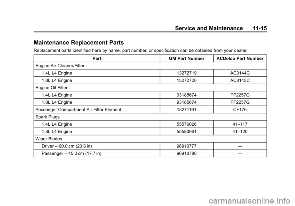 CHEVROLET CRUZE 2012 1.G Owners Manual Black plate (15,1)Chevrolet Cruze Owner Manual - 2012
Service and Maintenance 11-15
Maintenance Replacement Parts
Replacement parts identified here by name, part number, or specification can be obtain
