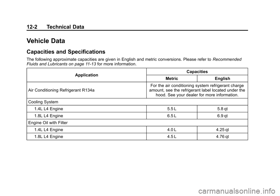 CHEVROLET CRUZE 2012 1.G Owners Manual Black plate (2,1)Chevrolet Cruze Owner Manual - 2012
12-2 Technical Data
Vehicle Data
Capacities and Specifications
The following approximate capacities are given in English and metric conversions. Pl