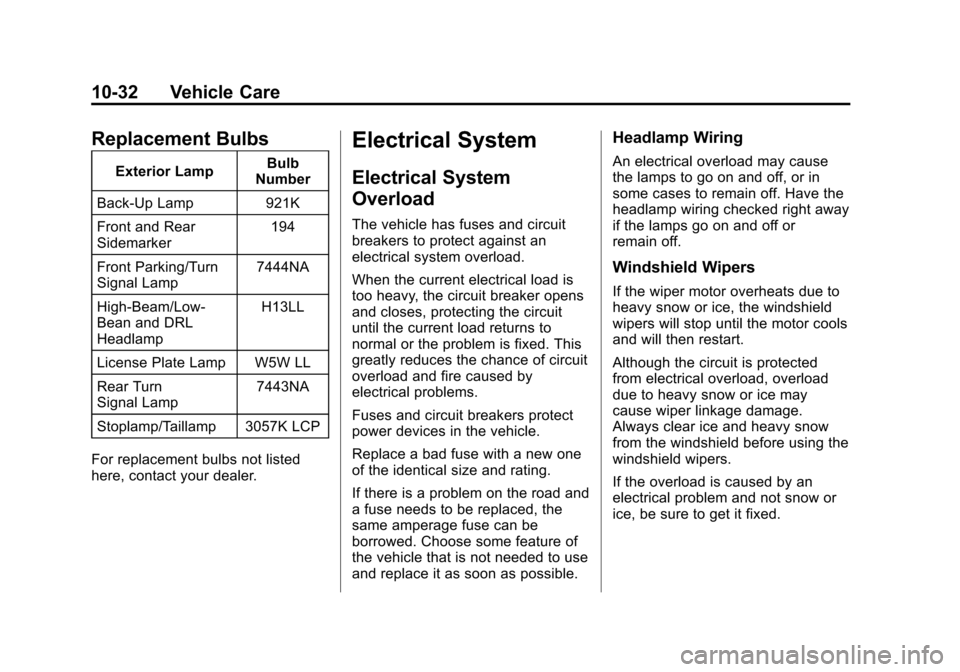 CHEVROLET CRUZE 2013 1.G Owners Manual Black plate (32,1)Chevrolet Cruze Owner Manual - 2013 - crc - 10/16/12
10-32 Vehicle Care
Replacement Bulbs
Exterior LampBulb
Number
Back-Up Lamp 921K
Front and Rear
Sidemarker 194
Front Parking/Turn
