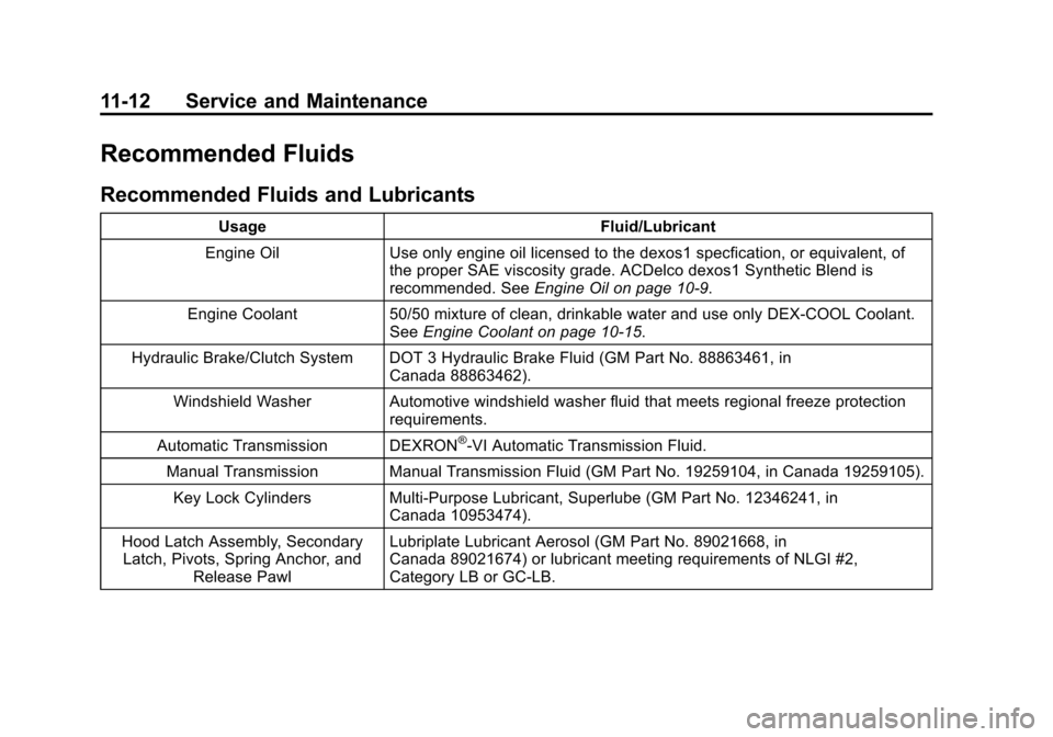 CHEVROLET CRUZE 2013 1.G User Guide Black plate (12,1)Chevrolet Cruze Owner Manual - 2013 - crc - 10/16/12
11-12 Service and Maintenance
Recommended Fluids
Recommended Fluids and Lubricants
UsageFluid/Lubricant
Engine Oil Use only engin