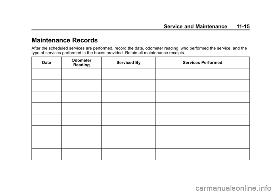 CHEVROLET CRUZE 2013 1.G Owners Manual Black plate (15,1)Chevrolet Cruze Owner Manual - 2013 - crc - 10/16/12
Service and Maintenance 11-15
Maintenance Records
After the scheduled services are performed, record the date, odometer reading, 