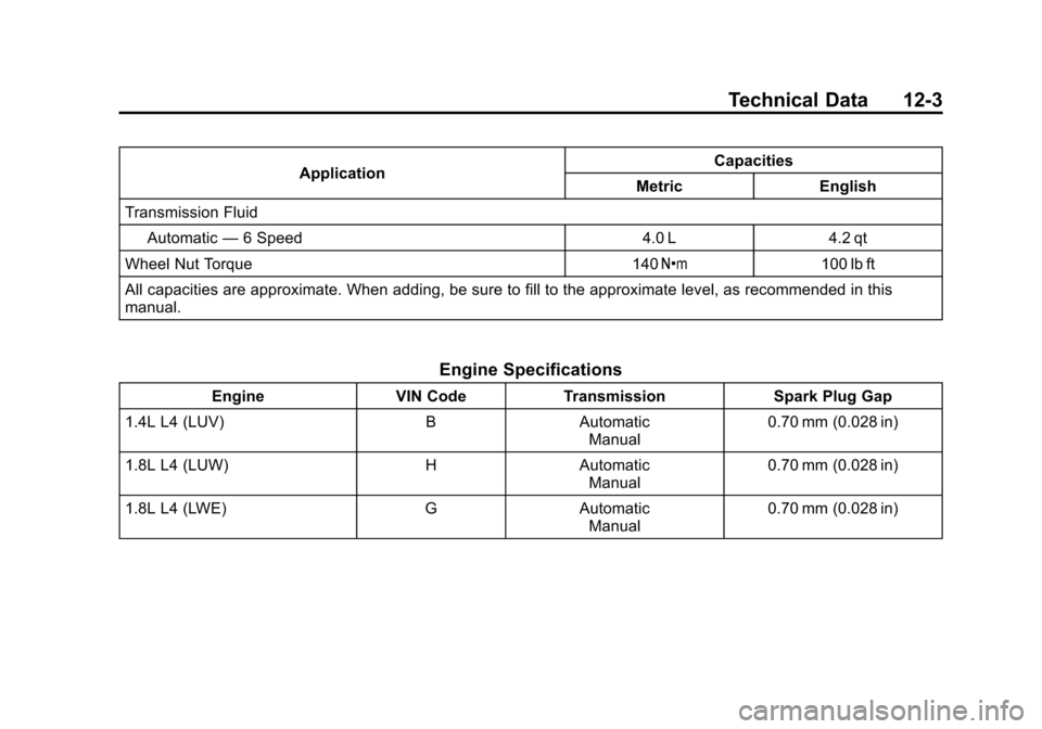 CHEVROLET CRUZE 2013 1.G Owners Manual Black plate (3,1)Chevrolet Cruze Owner Manual - 2013 - crc - 10/16/12
Technical Data 12-3
ApplicationCapacities
Metric English
Transmission Fluid
Automatic —6 Speed 4.0 L 4.2 qt
Wheel Nut Torque 140 CHEVROLET CRUZE 2013 1.G Owners Manual Black plate (3,1)Chevrolet Cruze Owner Manual - 2013 - crc - 10/16/12
Technical Data 12-3
ApplicationCapacities
Metric English
Transmission Fluid
Automatic —6 Speed 4.0 L 4.2 qt
Wheel Nut Torque 140