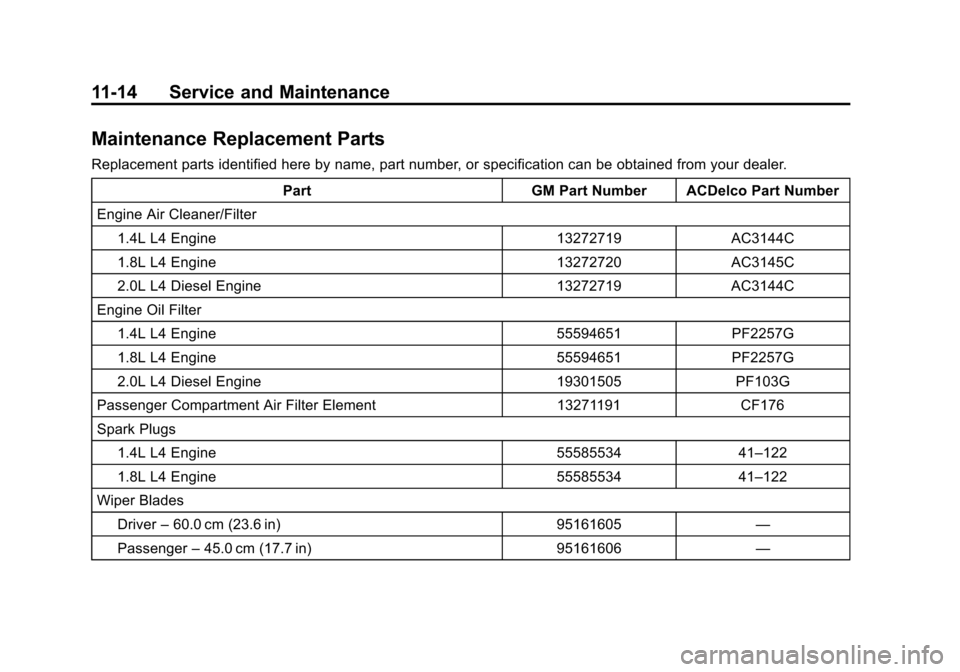 CHEVROLET CRUZE 2014 1.G Owners Manual Black plate (14,1)Chevrolet Cruze Owner Manual (GMNA-Localizing-U.S./Canada-6007168) -
2014 - 2nd Edition - 7/15/13
11-14 Service and Maintenance
Maintenance Replacement Parts
Replacement parts identi
