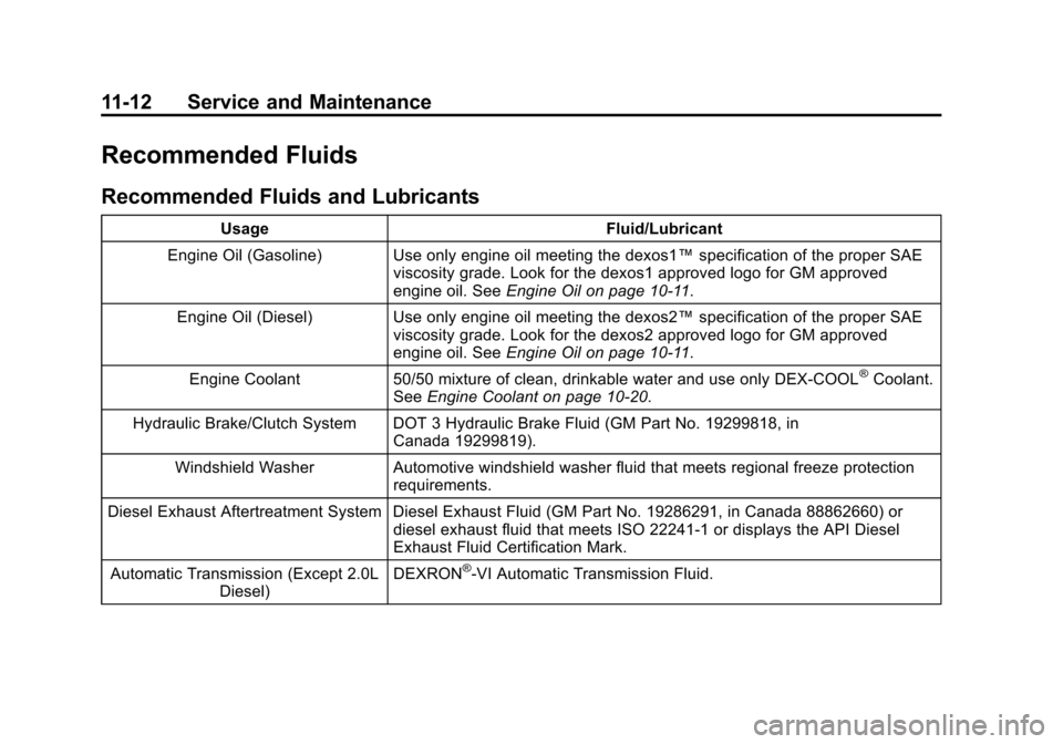 CHEVROLET CRUZE 2015 1.G Owners Manual Black plate (12,1)Chevrolet Cruze Owner Manual (GMNA-Localizing-U.S./Canada-7707493) -
2015 - crc - 11/24/14
11-12 Service and Maintenance
Recommended Fluids
Recommended Fluids and Lubricants
UsageFlu CHEVROLET CRUZE 2015 1.G Owners Manual Black plate (12,1)Chevrolet Cruze Owner Manual (GMNA-Localizing-U.S./Canada-7707493) -
2015 - crc - 11/24/14
11-12 Service and Maintenance
Recommended Fluids
Recommended Fluids and Lubricants
UsageFlu
