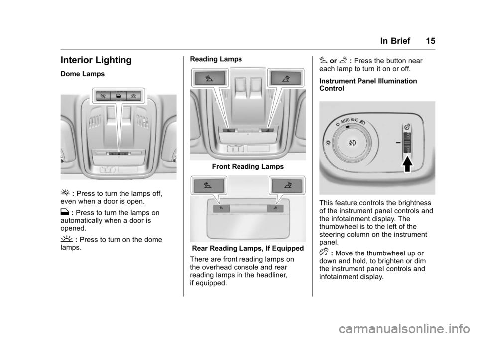 CHEVROLET CRUZE 2016 1.G Owners Manual Chevrolet Cruze Owner Manual (GMNA-Localizing-U.S./Canada/Mexico-
9234744) - 2016 - CRC - 3/9/16
In Brief 15
Interior Lighting
Dome Lamps
(:Press to turn the lamps off,
even when a door is open.
H: Pr