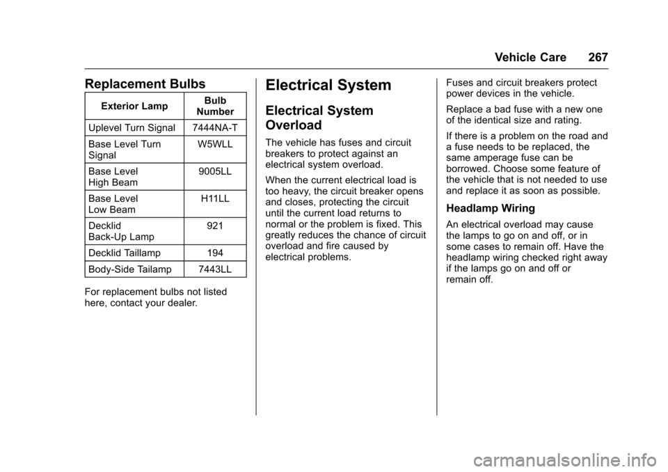 CHEVROLET CRUZE 2016 1.G Owners Manual Chevrolet Cruze Owner Manual (GMNA-Localizing-U.S./Canada/Mexico-
9234744) - 2016 - CRC - 3/9/16
Vehicle Care 267
Replacement Bulbs
Exterior LampBulb
Number
Uplevel Turn Signal 7444NA-T
Base Level Tur