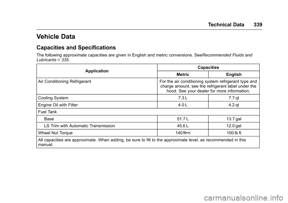 CHEVROLET CRUZE 2016 1.G Owners Manual Chevrolet Cruze Owner Manual (GMNA-Localizing-U.S./Canada/Mexico-
9234744) - 2016 - CRC - 3/9/16
Technical Data 339
Vehicle Data
Capacities and Specifications
The following approximate capacities are 