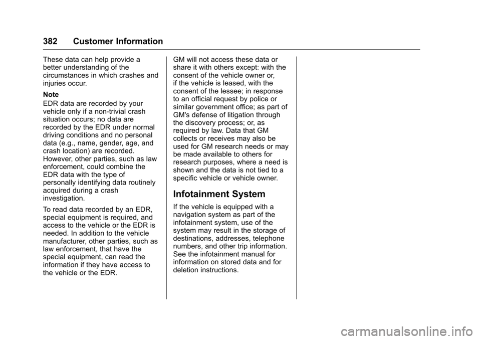CHEVROLET CRUZE 2017 2.G Owners Manual Chevrolet Cruze Owner Manual (GMNA-Localizing-U.S./Canada/Mexico-
9803785) - 2017 - CRC - 4/13/16
382 Customer Information
These data can help provide a
better understanding of the
circumstances in wh