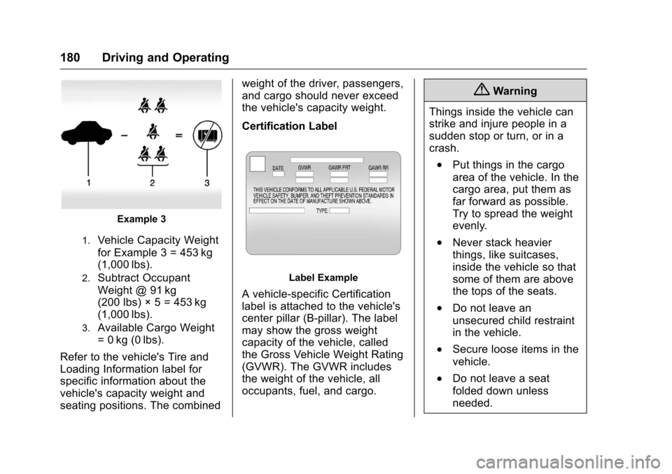 CHEVROLET CRUZE LIMITED 2016 2.G Owners Manual Chevrolet Cruze Limited Owner Manual (GMNA-Localizing-U.S./Canada-
9282844) - 2016 - crc - 9/3/15
180 Driving and Operating
Example 3
1.Vehicle Capacity Weight
for Example 3 = 453 kg
(1,000 lbs).
2.Su