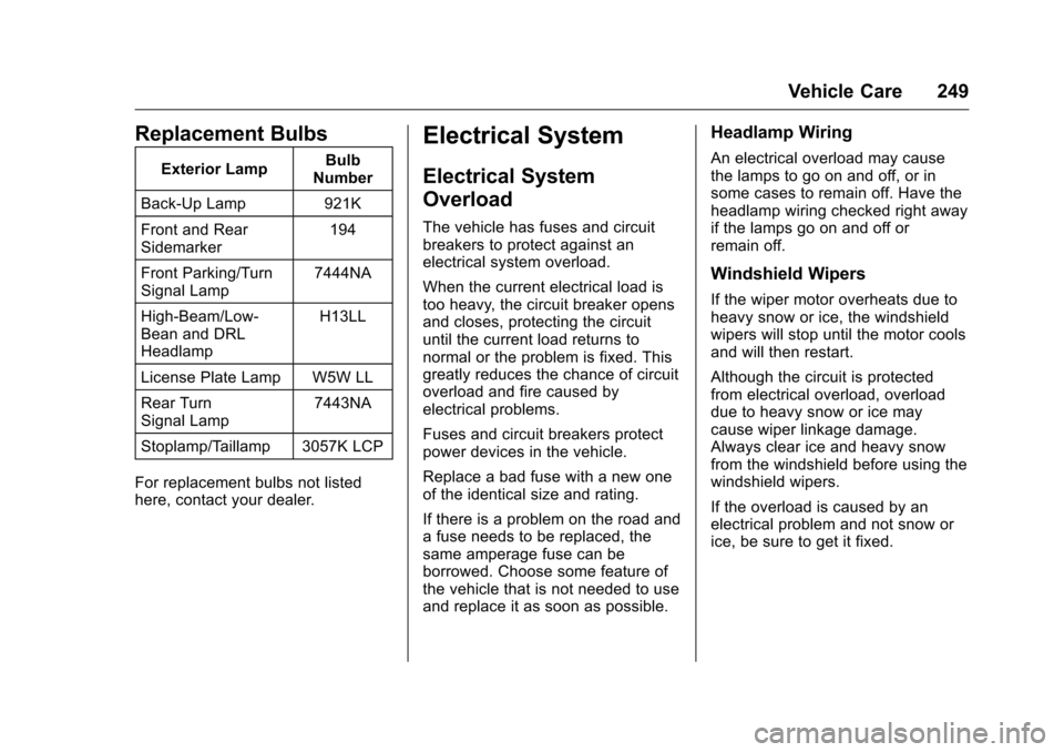 CHEVROLET CRUZE LIMITED 2016 2.G Owners Manual Chevrolet Cruze Limited Owner Manual (GMNA-Localizing-U.S./Canada-
9282844) - 2016 - crc - 9/3/15
Vehicle Care 249
Replacement Bulbs
Exterior LampBulb
Number
Back-Up Lamp 921K
Front and Rear
Sidemarke