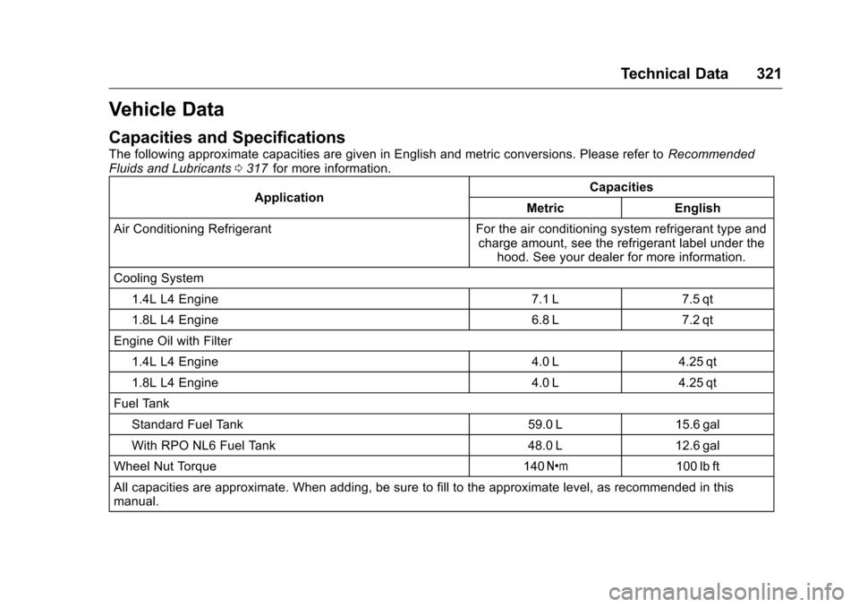CHEVROLET CRUZE LIMITED 2016 2.G Owners Manual Chevrolet Cruze Limited Owner Manual (GMNA-Localizing-U.S./Canada-
9282844) - 2016 - crc - 9/3/15
Technical Data 321
Vehicle Data
Capacities and Specifications
The following approximate capacities are CHEVROLET CRUZE LIMITED 2016 2.G Owners Manual Chevrolet Cruze Limited Owner Manual (GMNA-Localizing-U.S./Canada-
9282844) - 2016 - crc - 9/3/15
Technical Data 321
Vehicle Data
Capacities and Specifications
The following approximate capacities are