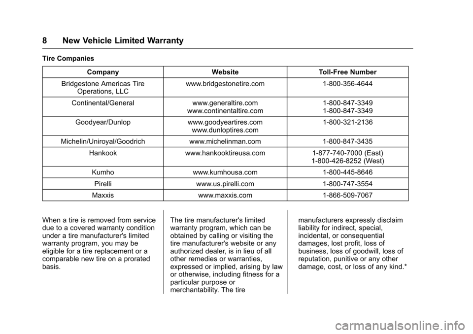 CHEVROLET CRUZE LIMITED 2016 2.G Warranty Guide Chevrolet Limited Warranty and Owner Assistance Information (GMNA-
Localizing-U.S-9159214) - 2016 - crc - 8/17/15
8 New Vehicle Limited Warranty
Tire CompaniesCompany WebsiteToll-Free Number
Bridgesto