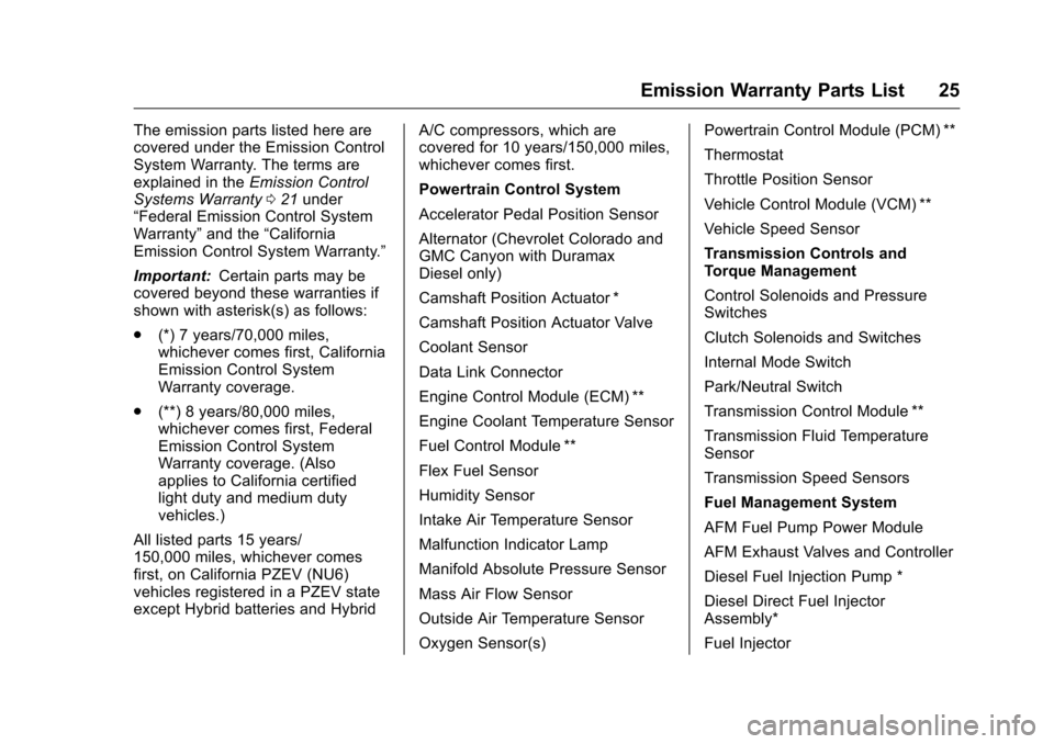 CHEVROLET CRUZE LIMITED 2016 2.G Warranty Guide Chevrolet Limited Warranty and Owner Assistance Information (GMNA-
Localizing-U.S-9159214) - 2016 - crc - 8/17/15
Emission Warranty Parts List 25
The emission parts listed here are
covered under the E