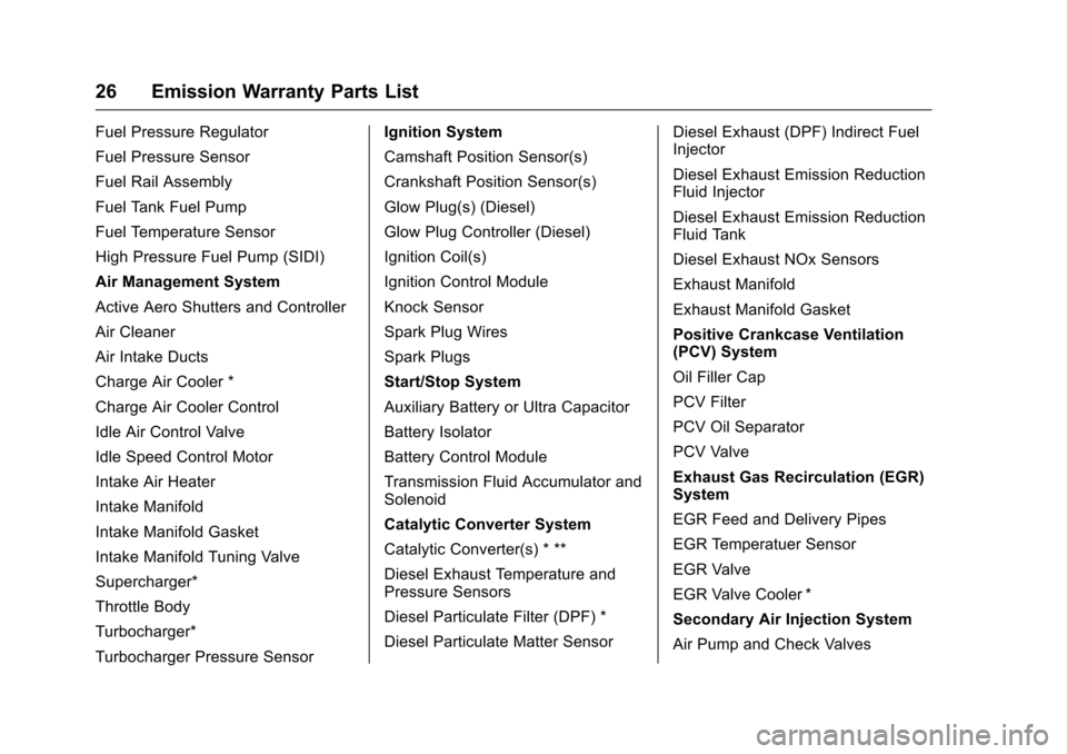 CHEVROLET CRUZE LIMITED 2016 2.G Warranty Guide Chevrolet Limited Warranty and Owner Assistance Information (GMNA-
Localizing-U.S-9159214) - 2016 - crc - 8/17/15
26 Emission Warranty Parts List
Fuel Pressure Regulator
Fuel Pressure Sensor
Fuel Rail CHEVROLET CRUZE LIMITED 2016 2.G Warranty Guide Chevrolet Limited Warranty and Owner Assistance Information (GMNA-
Localizing-U.S-9159214) - 2016 - crc - 8/17/15
26 Emission Warranty Parts List
Fuel Pressure Regulator
Fuel Pressure Sensor
Fuel Rail