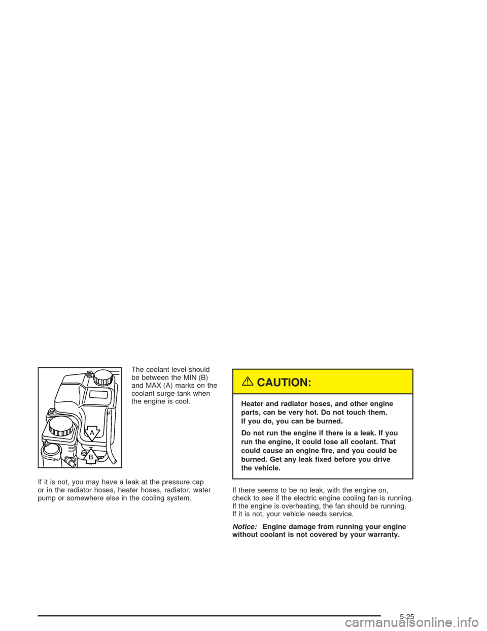 CHEVROLET EPICA 2004 1.G Owners Manual The coolant level should
be between the MIN (B)
and MAX (A) marks on the
coolant surge tank when
the engine is cool.
If it is not, you may have a leak at the pressure cap
or in the radiator hoses, hea CHEVROLET EPICA 2004 1.G Owners Manual The coolant level should
be between the MIN (B)
and MAX (A) marks on the
coolant surge tank when
the engine is cool.
If it is not, you may have a leak at the pressure cap
or in the radiator hoses, hea