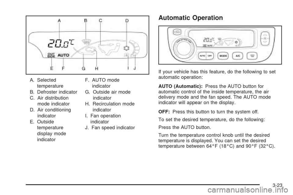 CHEVROLET EPICA 2005 1.G Owners Manual A. Selected
temperature
B. Defroster indicator
C. Air distribution
mode indicator
D. Air conditioning
indicator
E. Outside
temperature
display mode
indicatorF. AUTO mode
indicator
G. Outside air mode
