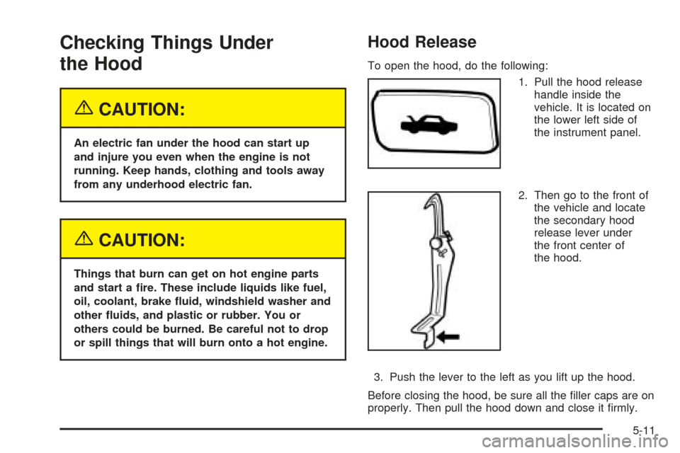 CHEVROLET EPICA 2005 1.G Owners Manual Checking Things Under
the Hood
{CAUTION:
An electric fan under the hood can start up
and injure you even when the engine is not
running. Keep hands, clothing and tools away
from any underhood electric