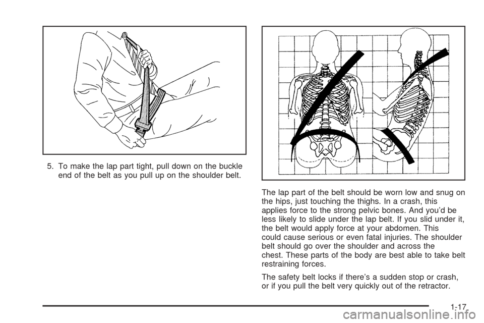 CHEVROLET EPICA 2005 1.G Owners Manual 5. To make the lap part tight, pull down on the buckle
end of the belt as you pull up on the shoulder belt.
The lap part of the belt should be worn low and snug on
the hips, just touching the thighs. 